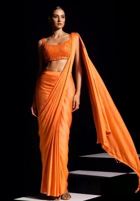 Orange Hand Work Crepe Pre Draped Saree Set