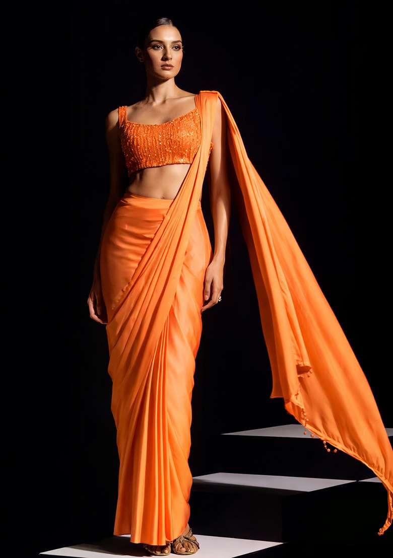 Orange Hand Work Crepe Pre Draped Saree Set - Indya