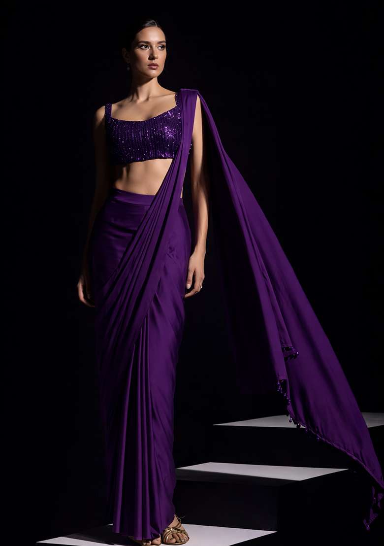 Purple Hand Work Crepe Pre Draped Saree Set - Indya