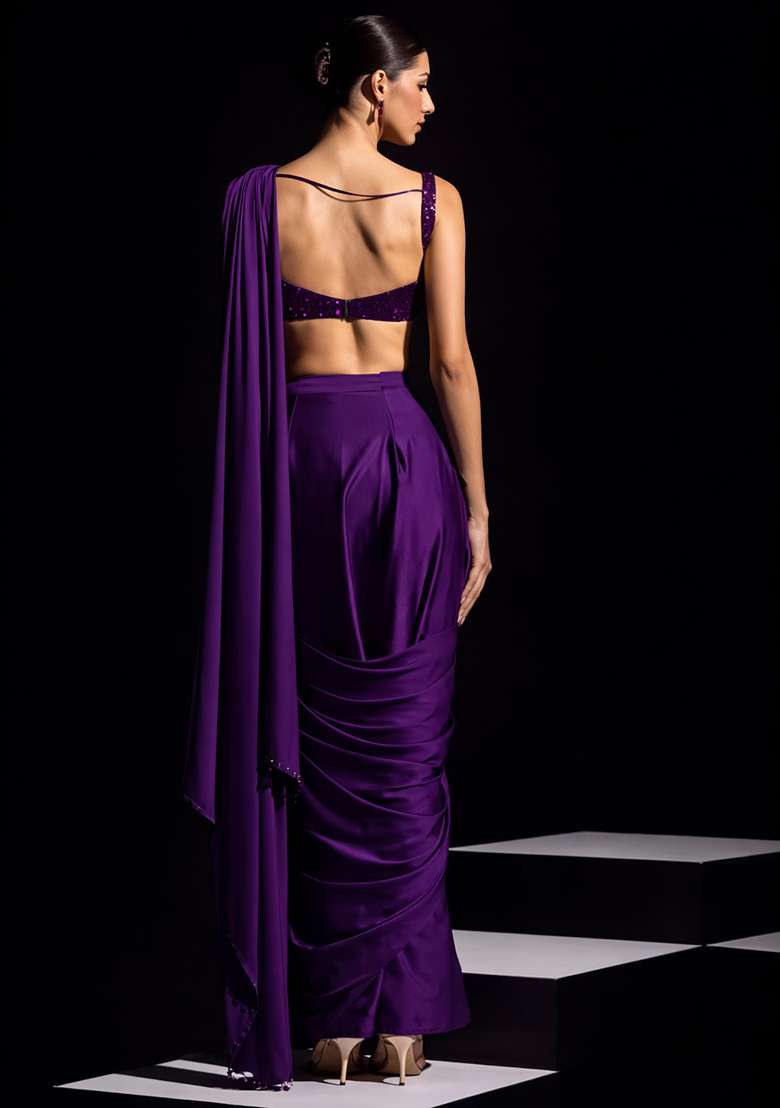 Purple Hand Work Crepe Pre Draped Saree Set - Indya