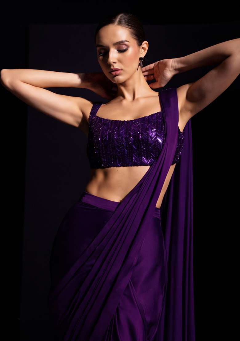 Purple Hand Work Crepe Pre Draped Saree Set - Indya