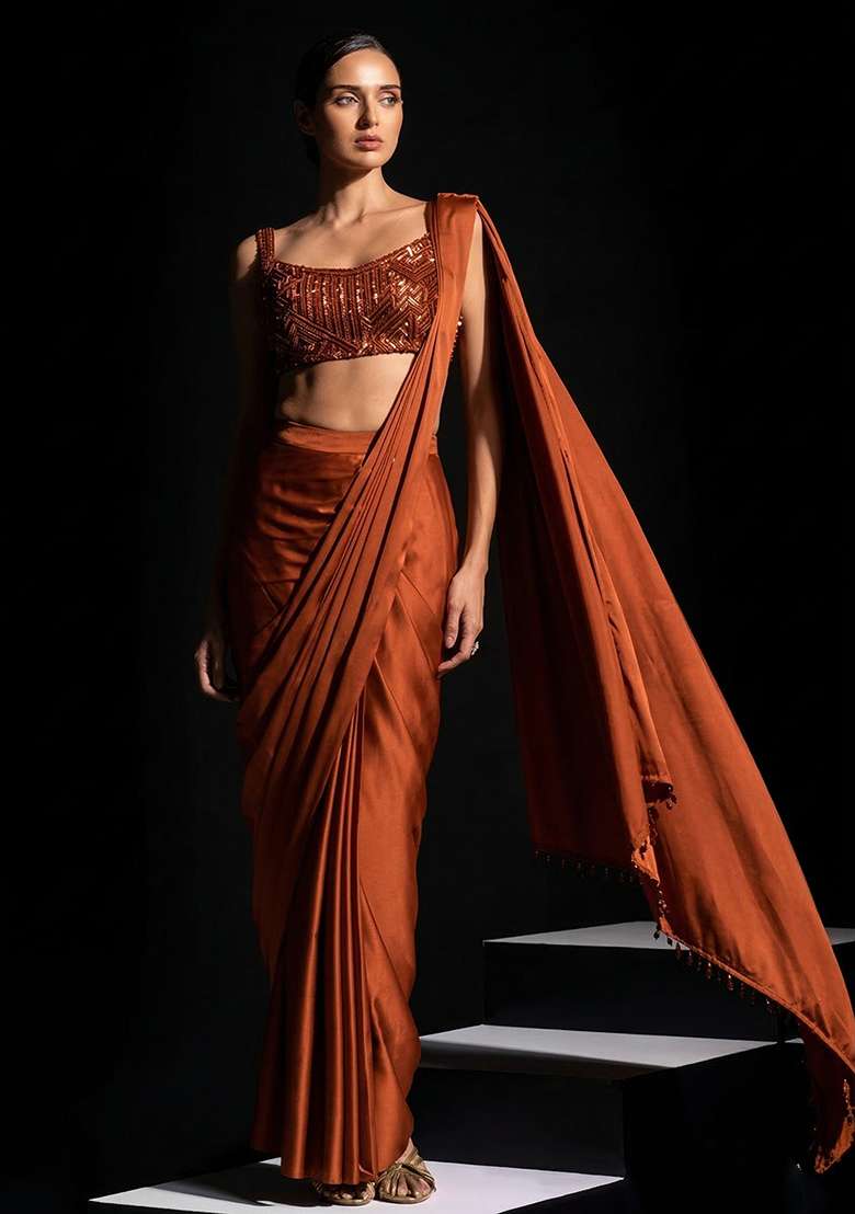 Brown Hand Work Crepe Pre Draped Saree Set - Indya