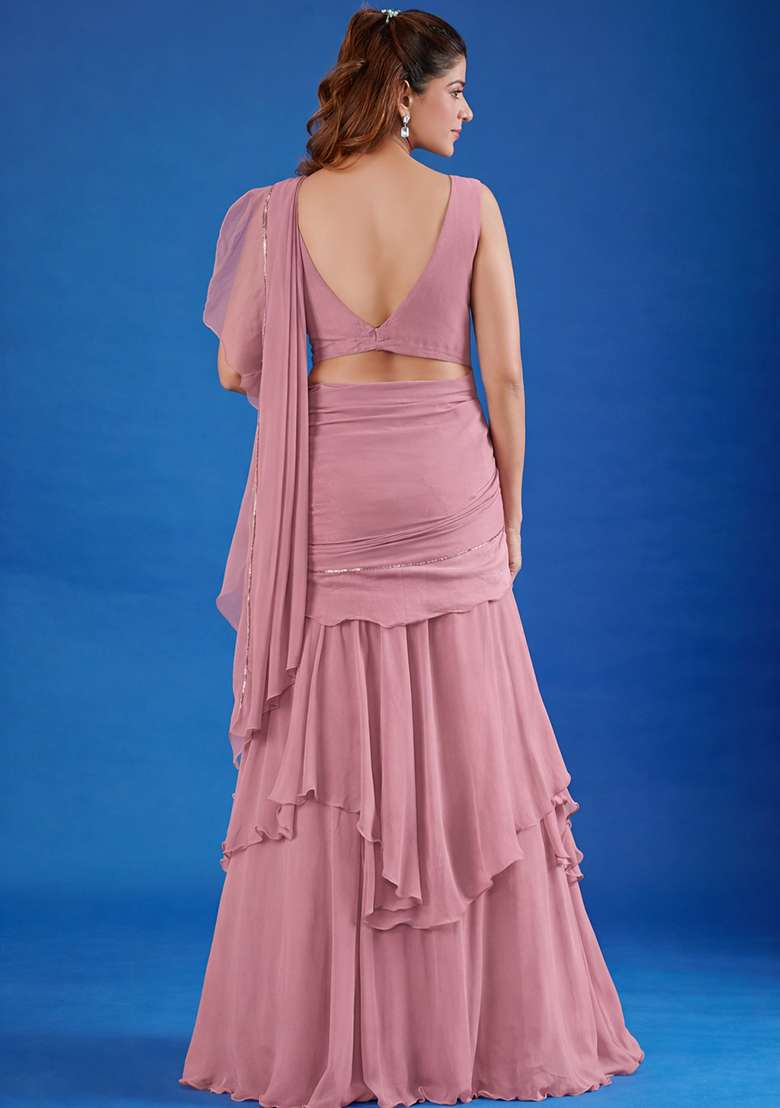Dusty Pink Hand Work Chinon Pre Draped Saree Set - Indya