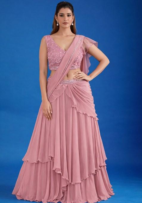 Dusty Pink Hand Work Chinon Pre Draped Saree Set