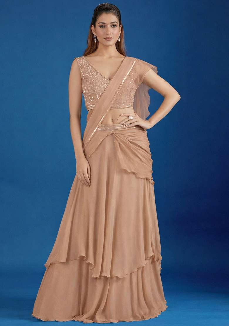 Beige Hand Work Chinon Pre Draped Saree Set - Indya