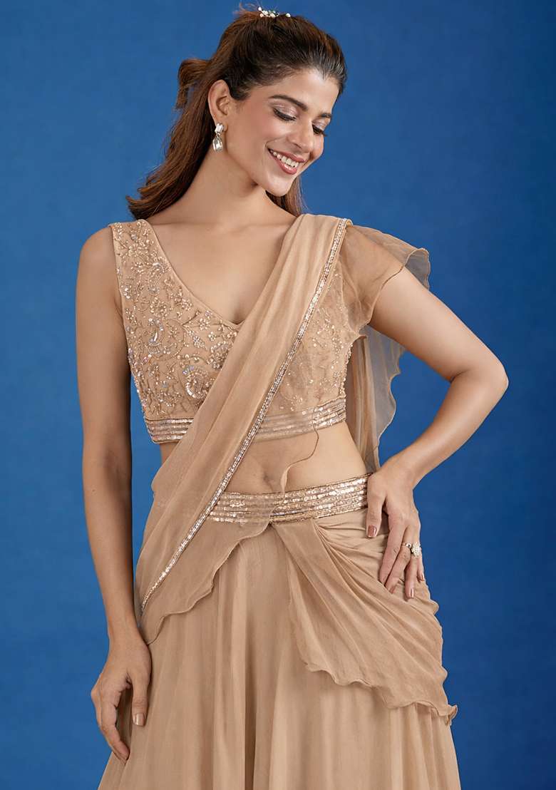 Beige Hand Work Chinon Pre Draped Saree Set - Indya