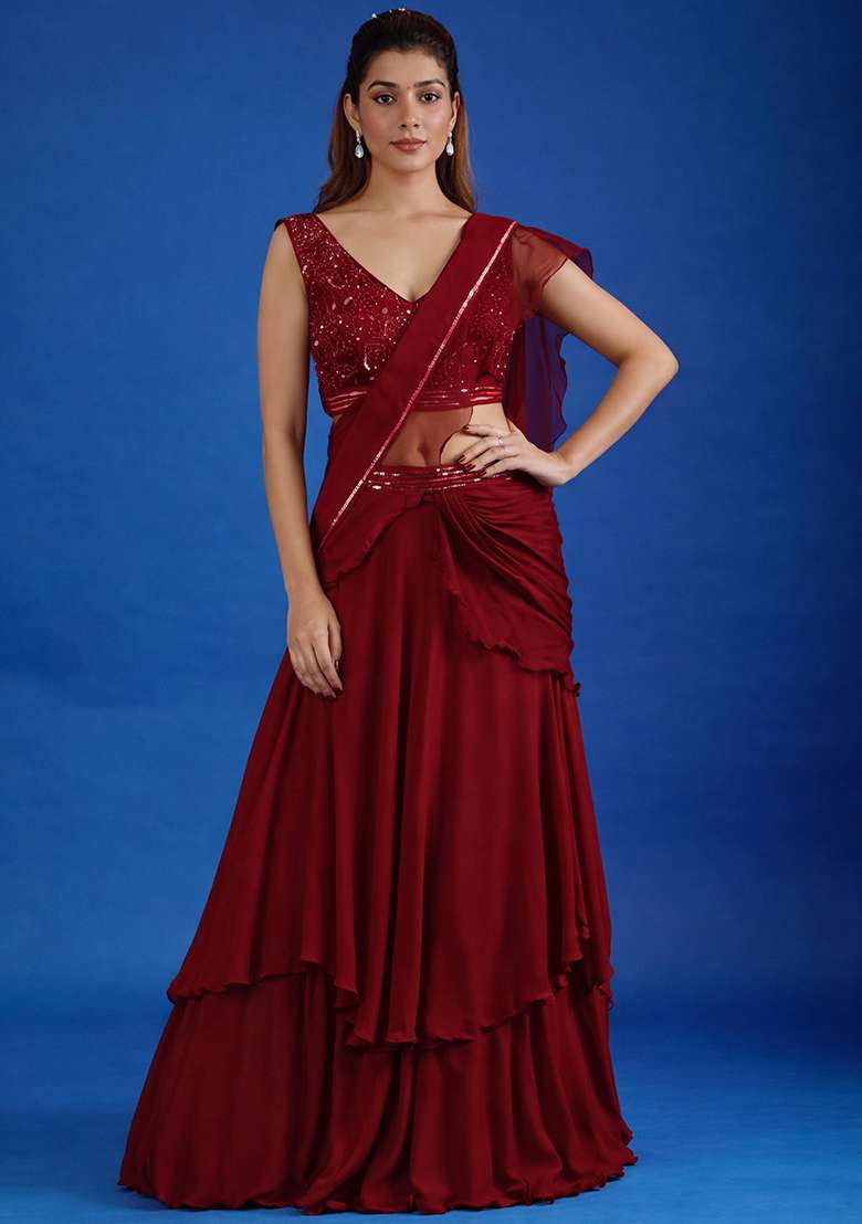 Deep Red Hand Work Chinon Pre Draped Saree Set - Indya