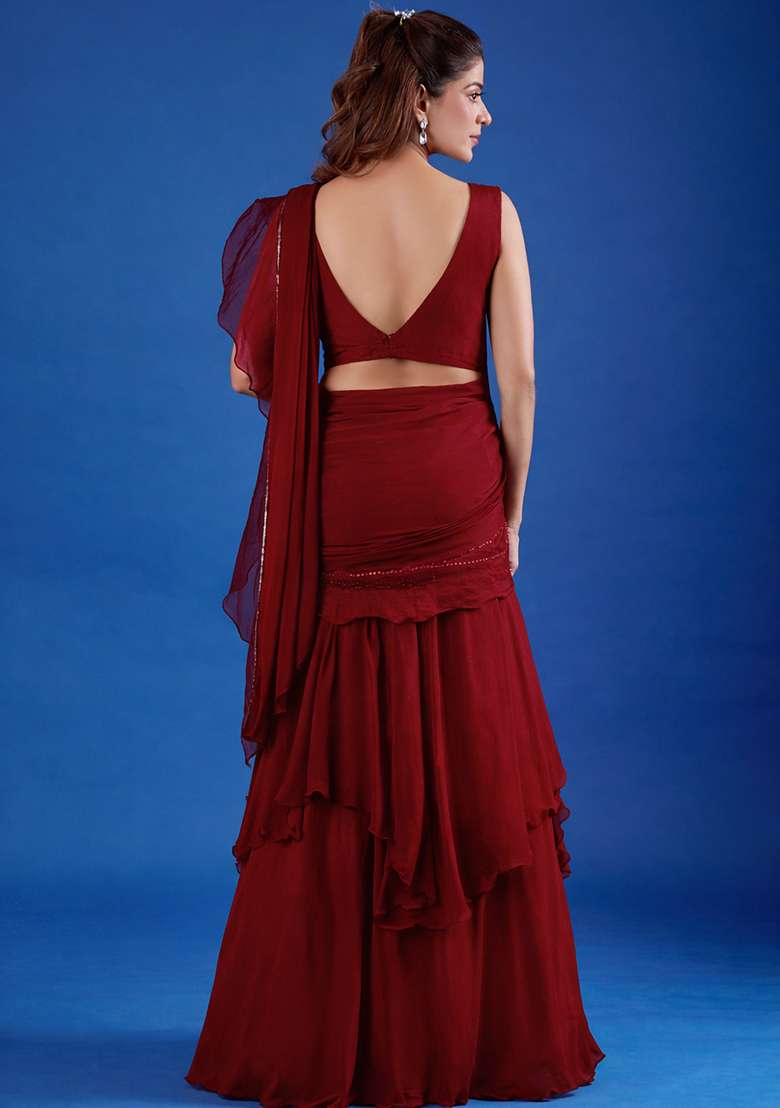 Deep Red Hand Work Chinon Pre Draped Saree Set - Indya