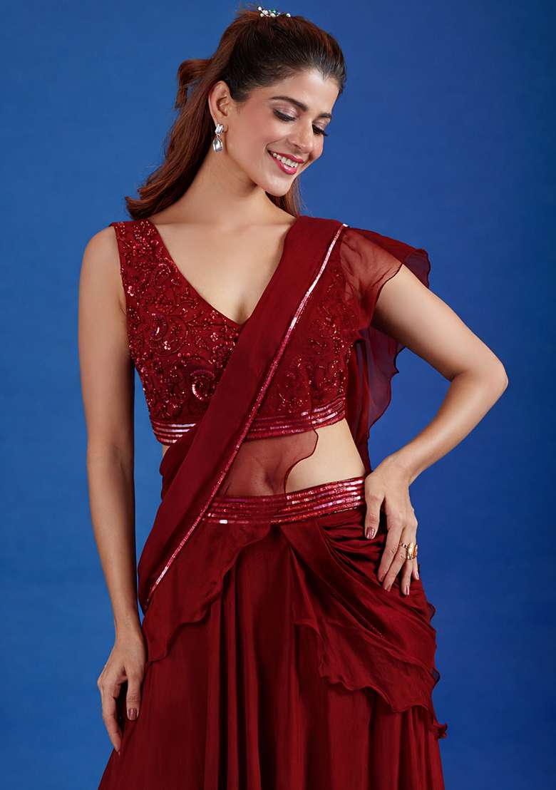Deep Red Hand Work Chinon Pre Draped Saree Set - Indya