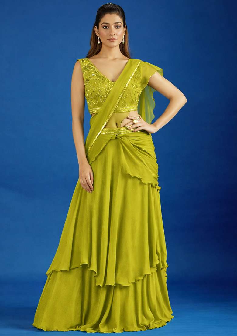 Lime Green Hand Work Chinon Pre Draped Saree Set - Indya