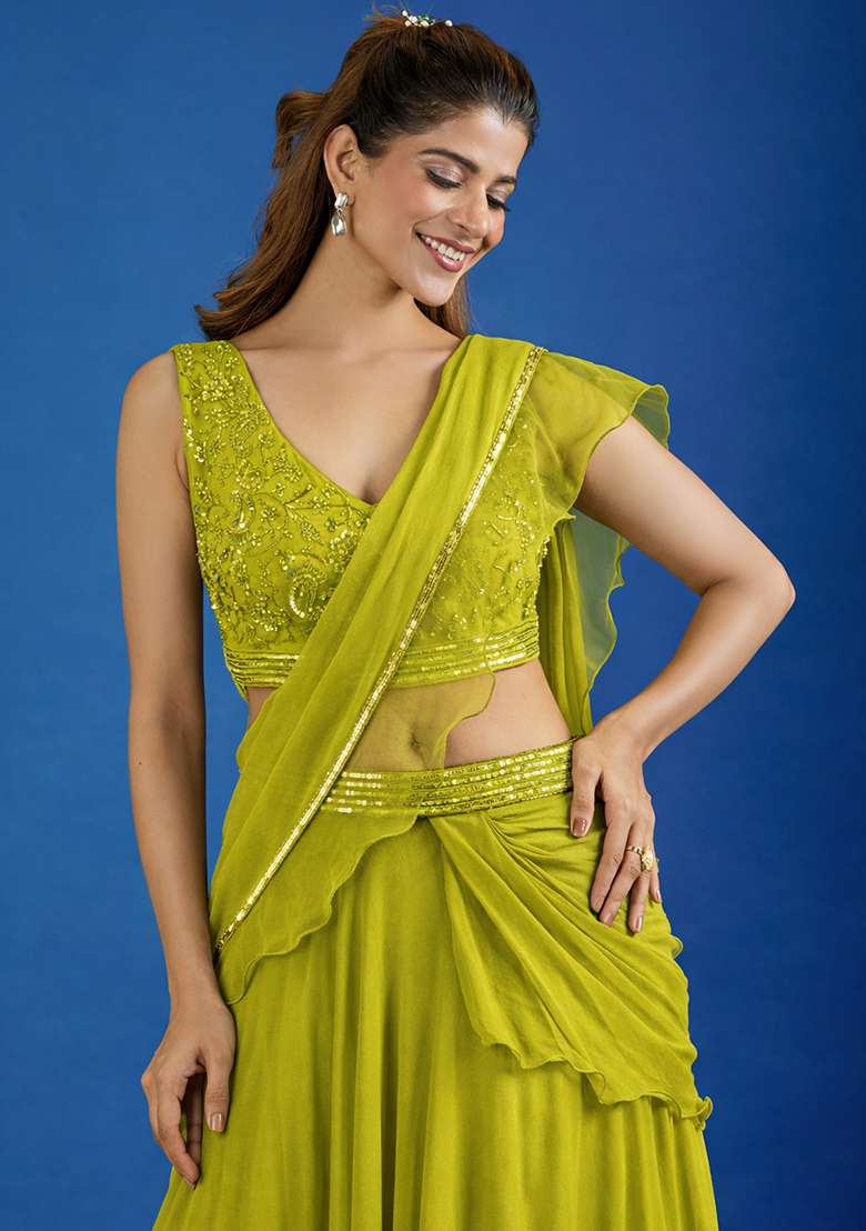 Lime Green Hand Work Chinon Pre Draped Saree Set - Indya