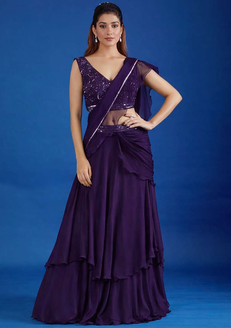 Deep Purple Hand Work Chinon Pre Draped Saree Set - Indya