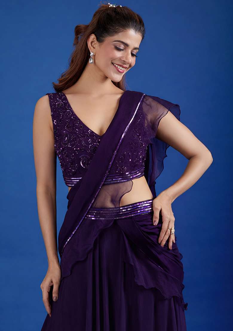 Deep Purple Hand Work Chinon Pre Draped Saree Set - Indya