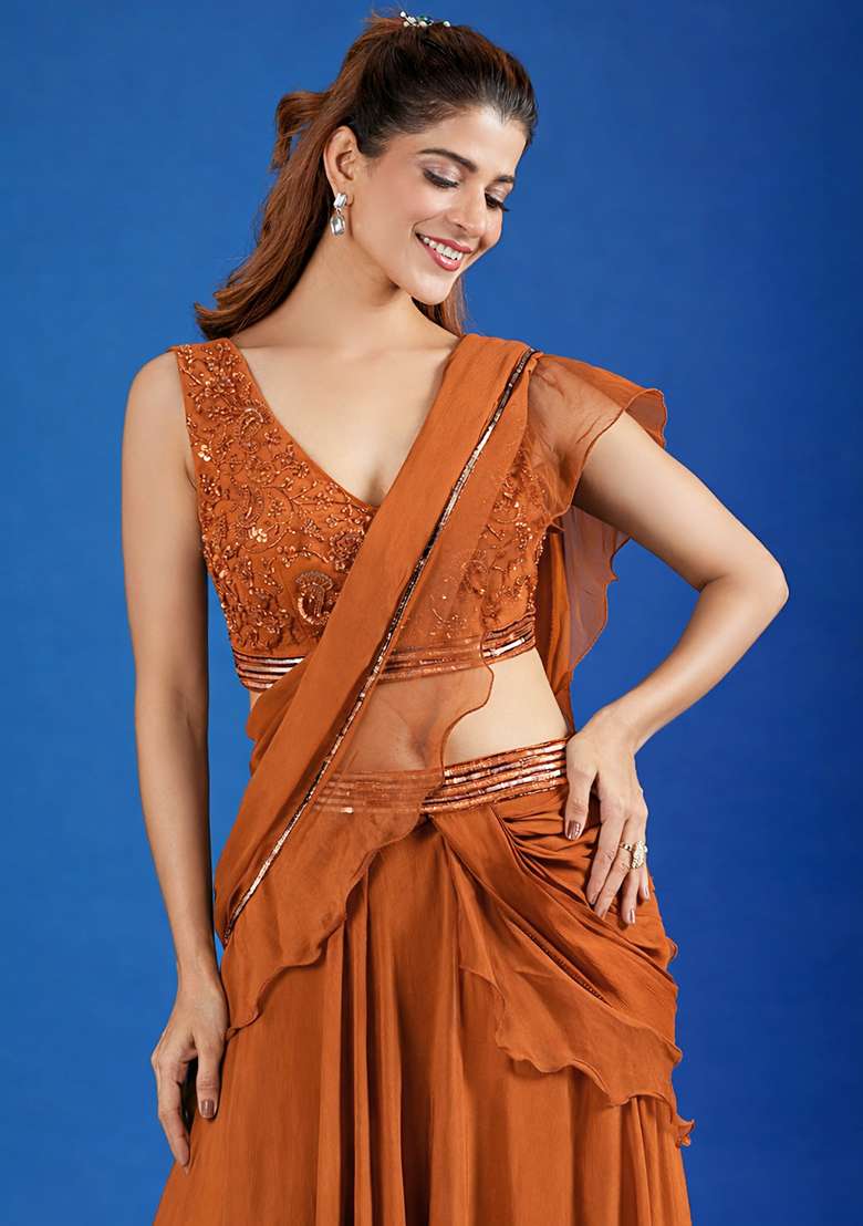 Rust Hand Work Chinon Pre Draped Saree Set - Indya