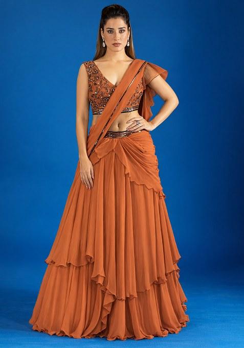 Rust Hand Work Chinon Pre Draped Saree Set