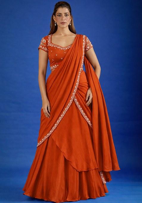 Rust Hand Work Chinon Pre Draped Saree Set