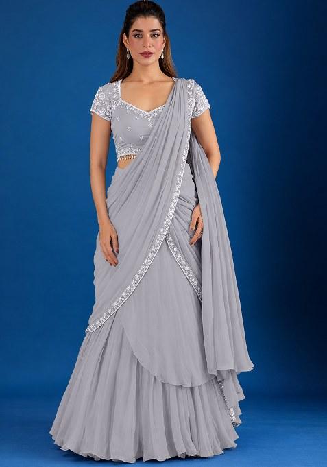 Grey Hand Work Chinon Pre Draped Saree Set