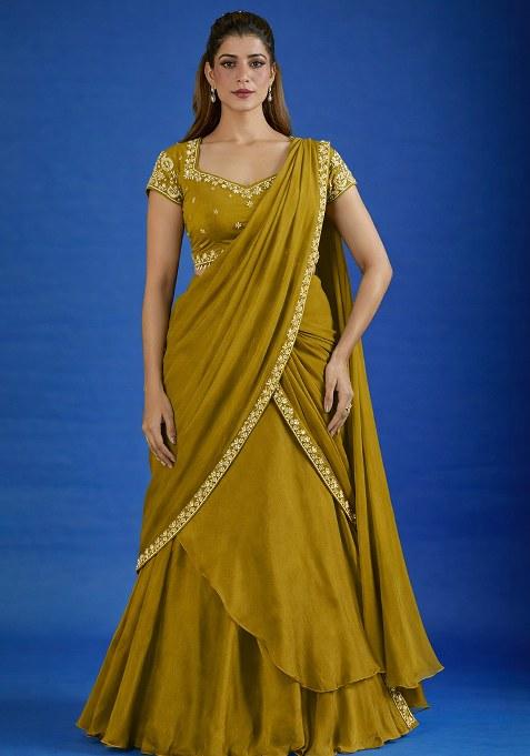 Olive Green Hand Work Chinon Pre Draped Saree Set