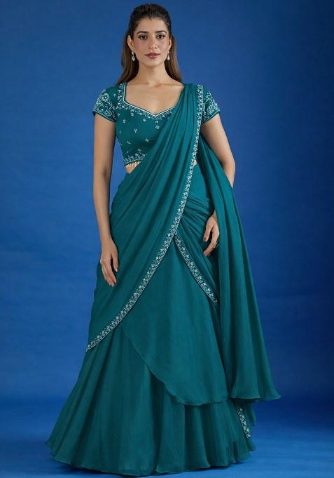 Teal Blue Hand Work Chinon Pre Draped Saree Set