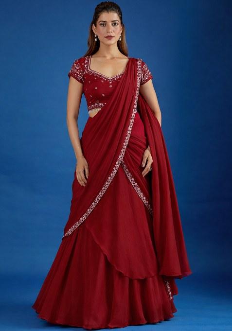 Deep Red Hand Work Chinon Pre Draped Saree Set