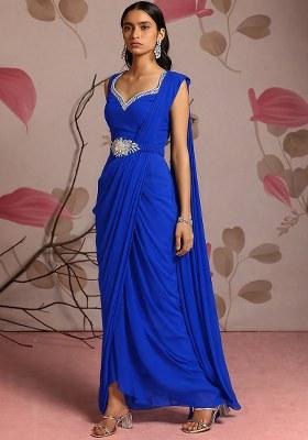 Royal Blue Hand Work Chinon Pre Draped Saree Set