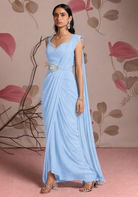 Light Blue Hand Work Chinon Pre Draped Saree Set
