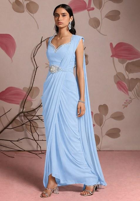 Light Blue Hand Work Chinon Pre Draped Saree Set