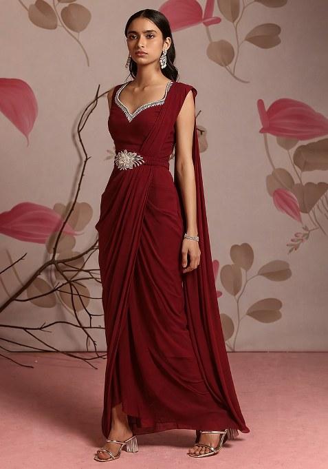 Deep Maroon Hand Work Chinon Pre Draped Saree Set
