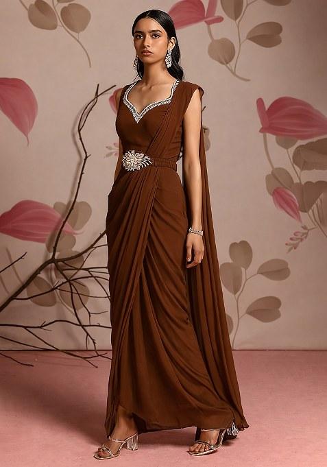 Brown Hand Work Chinon Pre Draped Saree Set