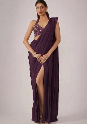 Purple Hand Work Chinon Pre Draped Saree Set