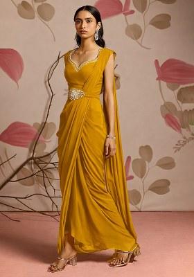 Mustard Hand Work Chinon Pre Draped Saree Set