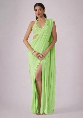 Lime Green Hand Work Chinon Pre Draped Saree Set
