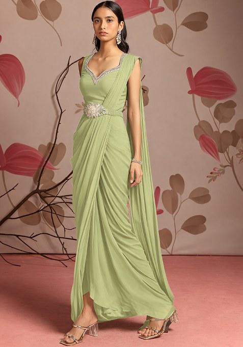 Sage Green Hand Work Chinon Pre Draped Saree Set