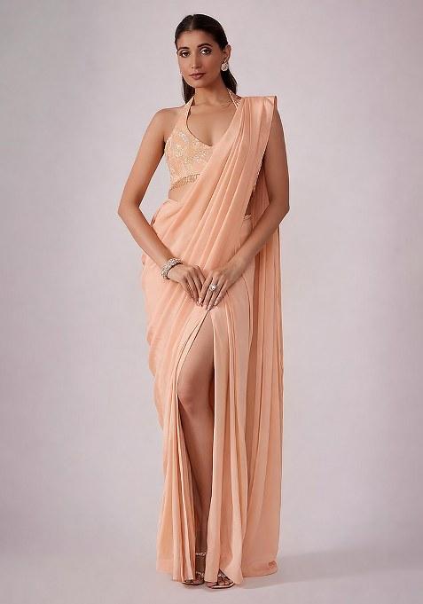 Peach Hand Work Chinon Pre Draped Saree Set
