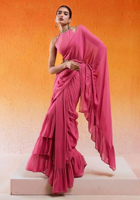Pink Hand Work Chinon Pre Draped Saree Set