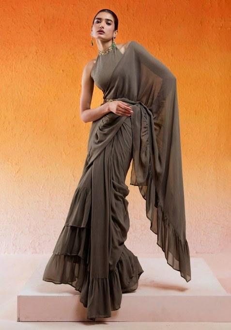 Charcoal Grey Hand Work Chinon Pre Draped Saree Set