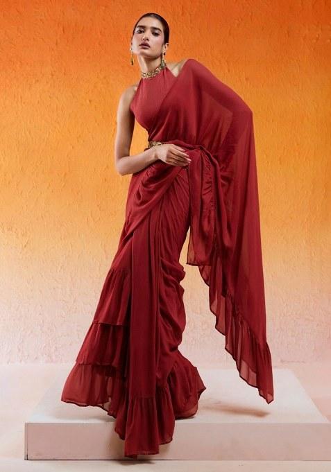 Deep Red Hand Work Chinon Pre Draped Saree Set