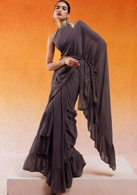 Deep Purple Hand Work Chinon Pre Draped Saree Set