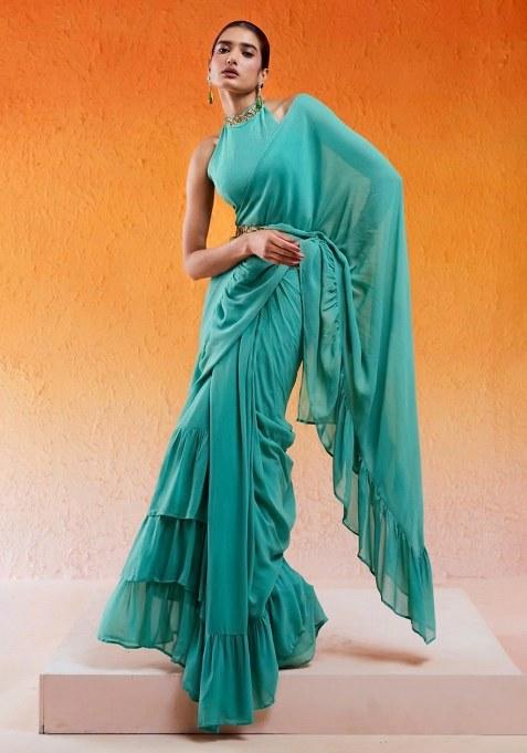 Teal Green Hand Work Chinon Pre Draped Saree Set