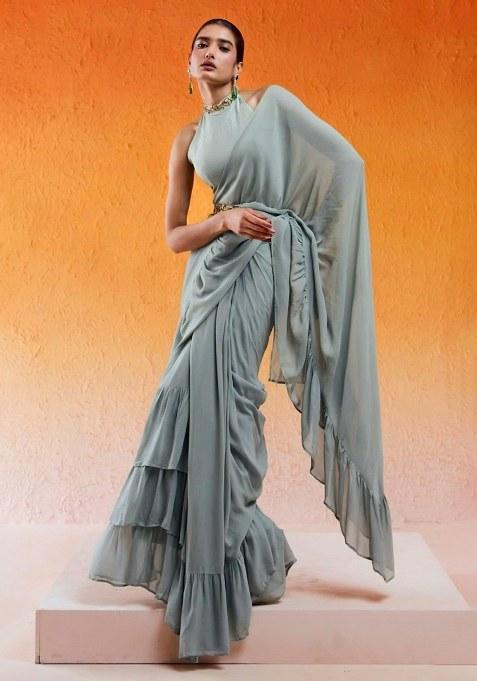 Sage Green Hand Work Chinon Pre Draped Saree Set