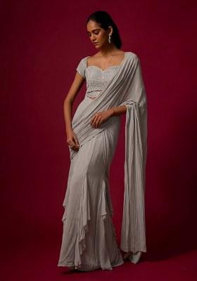Grey Hand Work Chinon Pre Draped Saree Set