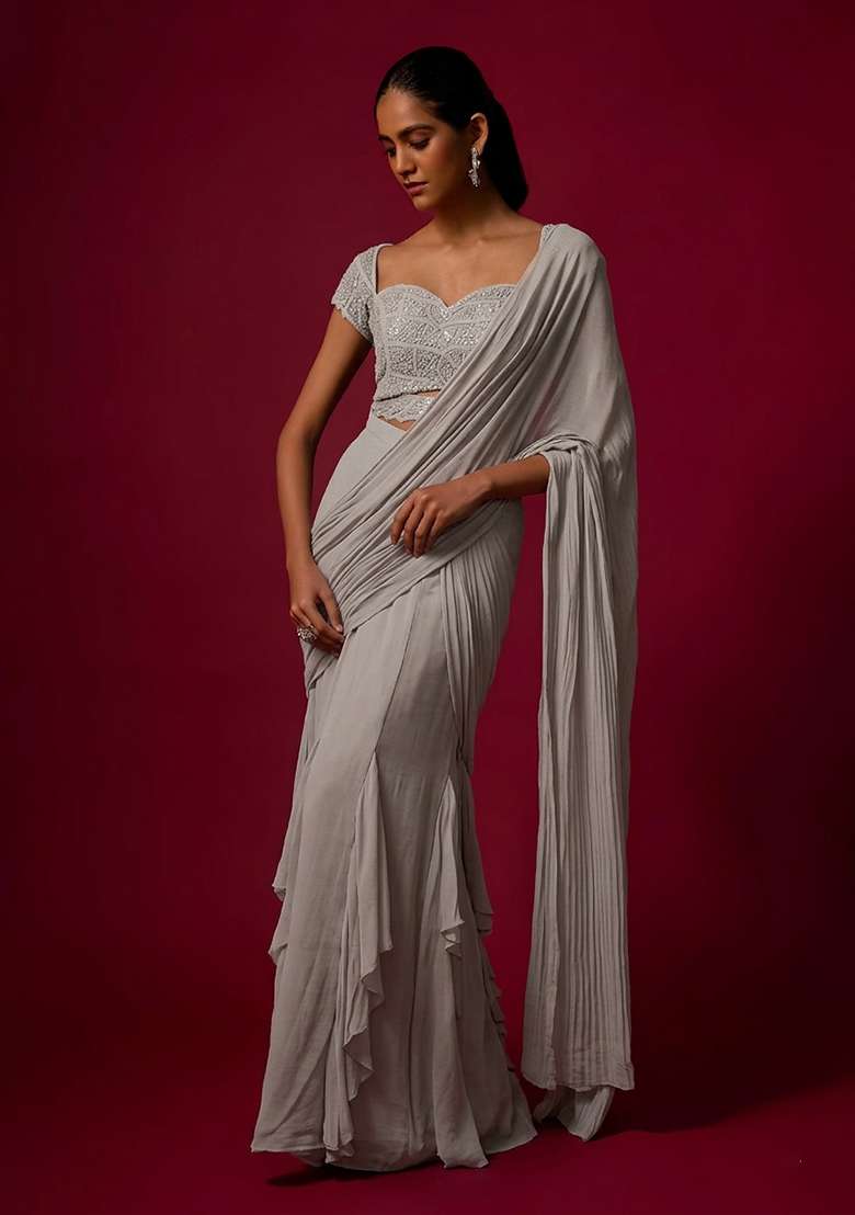 Grey Hand Work Chinon Pre Draped Saree Set - Indya