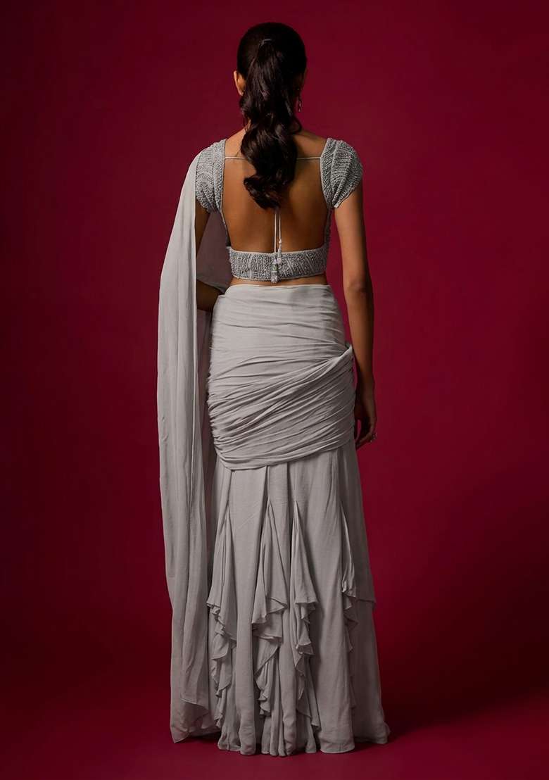 Grey Hand Work Chinon Pre Draped Saree Set - Indya