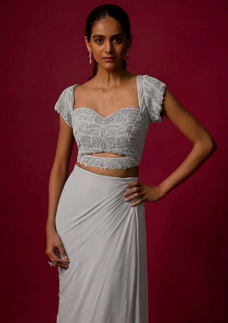 Grey Hand Work Chinon Pre Draped Saree Set - Indya