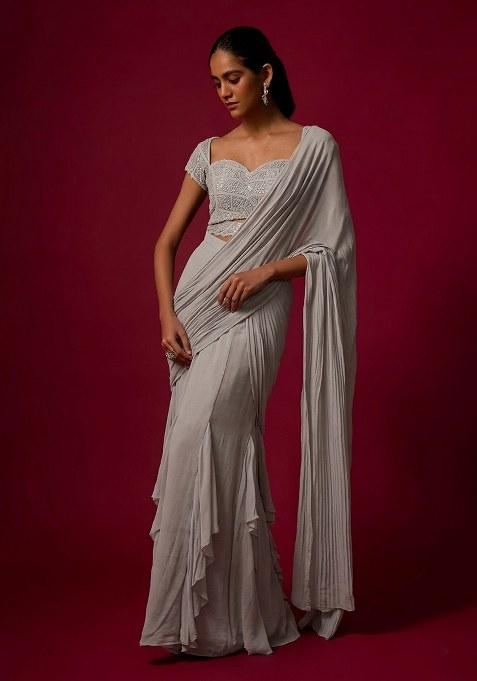 Grey Hand Work Chinon Pre Draped Saree Set