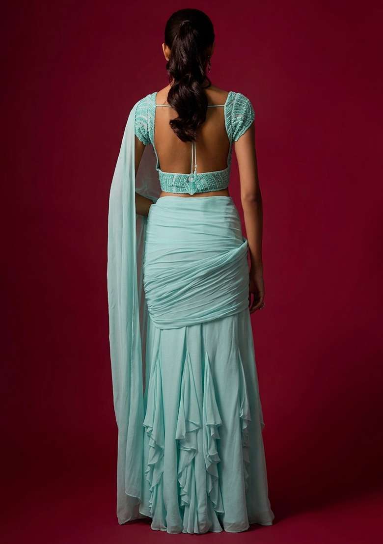 Powder Blue Hand Work Chinon Pre Draped Saree Set - Indya