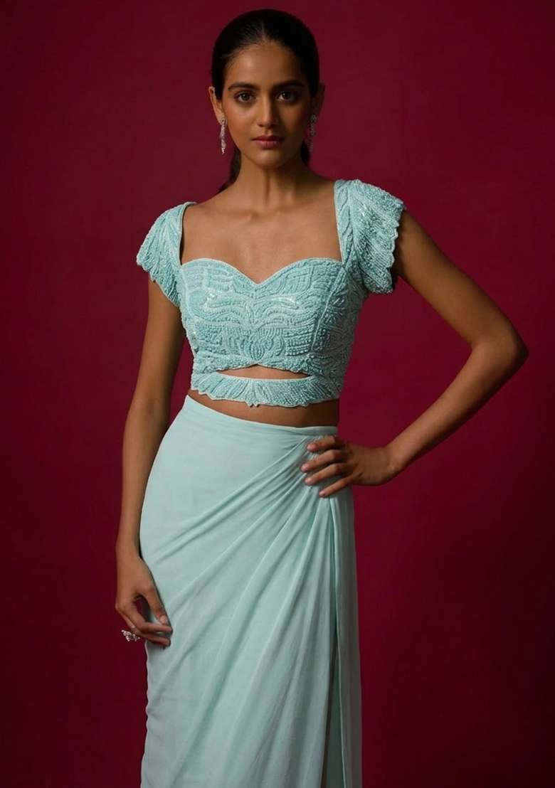 Powder Blue Hand Work Chinon Pre Draped Saree Set - Indya