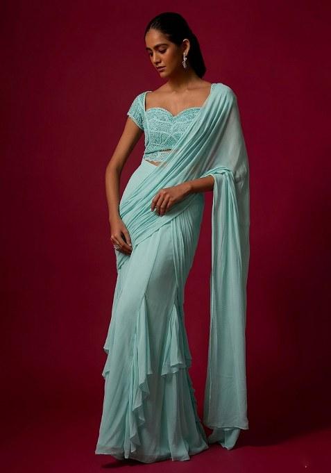 Powder Blue Hand Work Chinon Pre Draped Saree Set