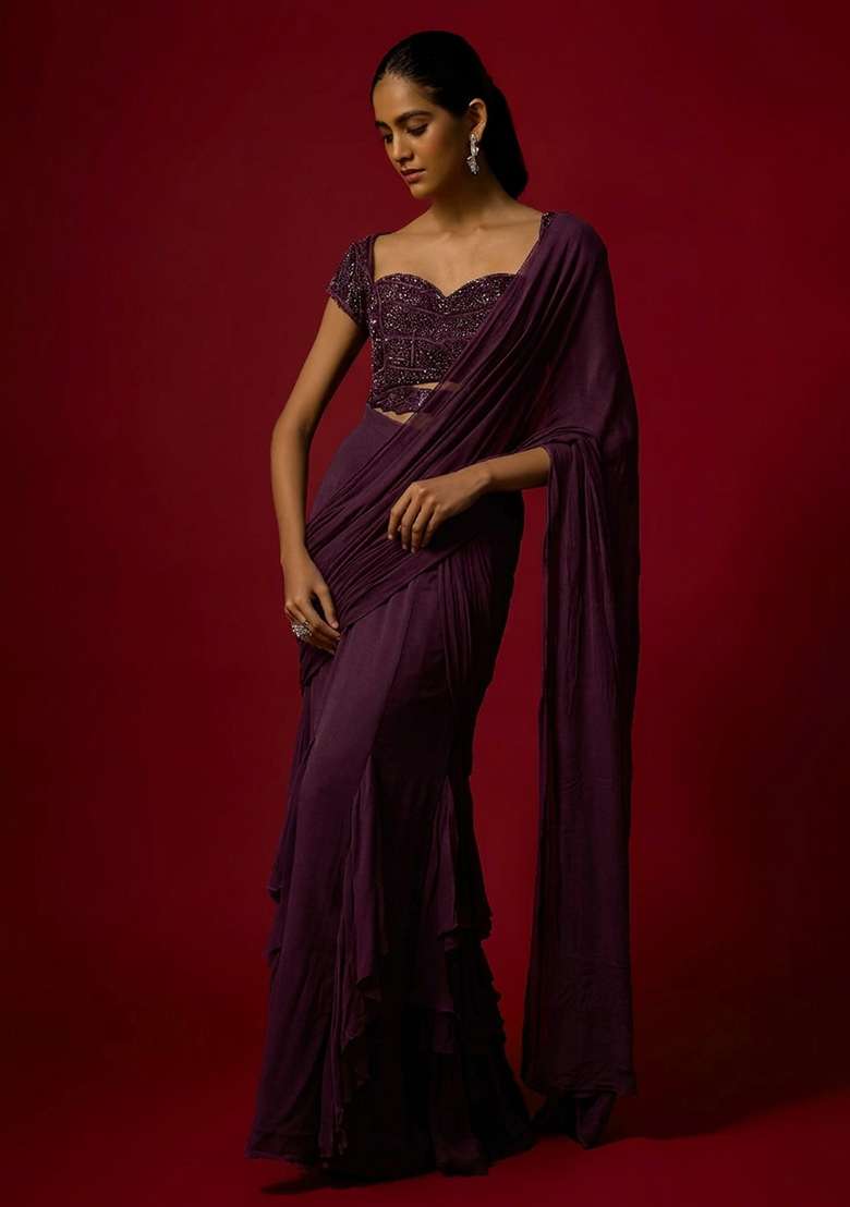 Purple Hand Work Chinon Pre Draped Saree Set - Indya