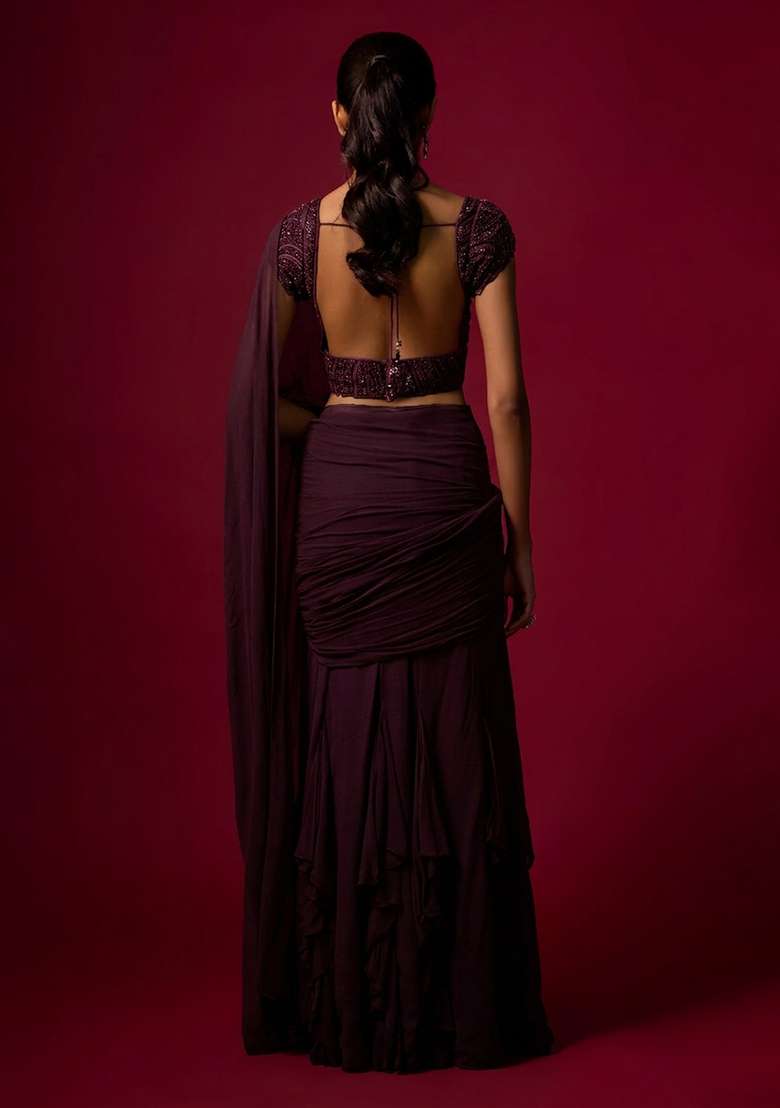 Purple Hand Work Chinon Pre Draped Saree Set - Indya